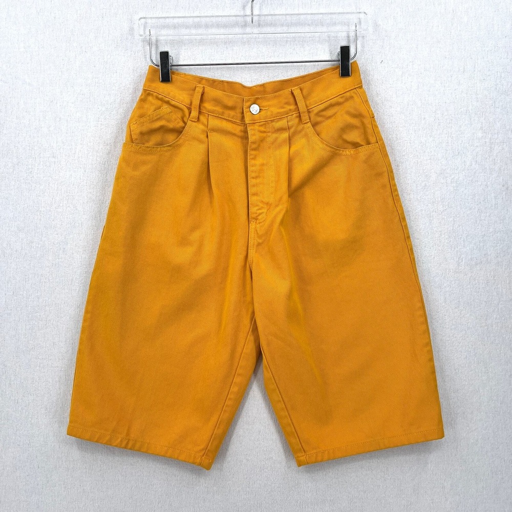 RODIN Vintage Y2K 90s Denim Pleated Shorts 26 Orange Mustard High Rise Bermuda